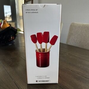 Le Creuset 5pc Silicone Utensil Set with Crock Cerise Red Kitchen Tools NEW‎